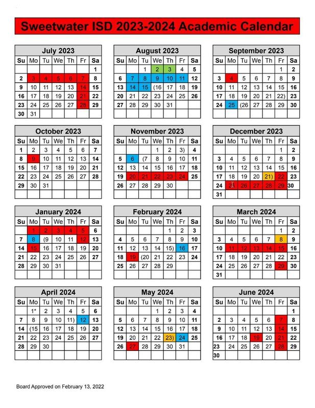 20232024 Academic Calendar Sweetwater ISD